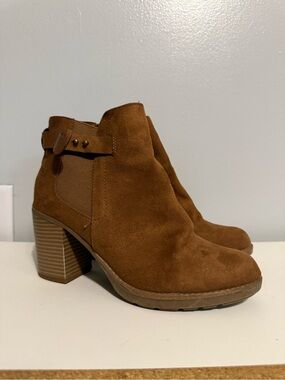 Sugar Tan Suede Ankle Booties with Stacked Heel